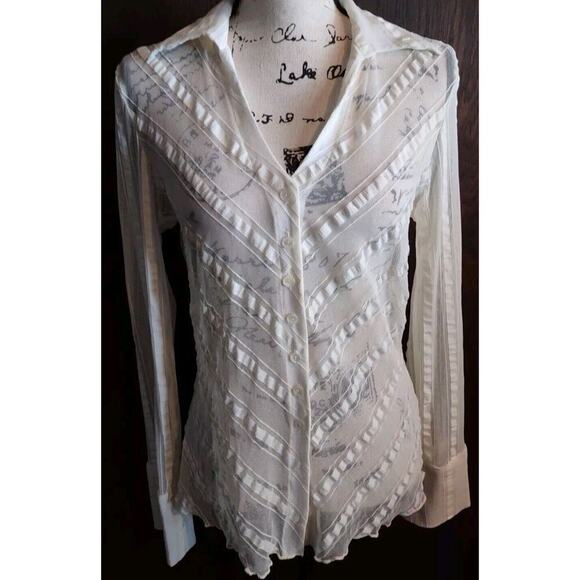 90s Y2K Studio Y Ivory & White Sheer Ribbon Button Wide cuff V Neck Womens Large - Picture 1 of 7